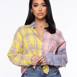 Fashion Nova Yellow and White Tie Front Button Down Shirt